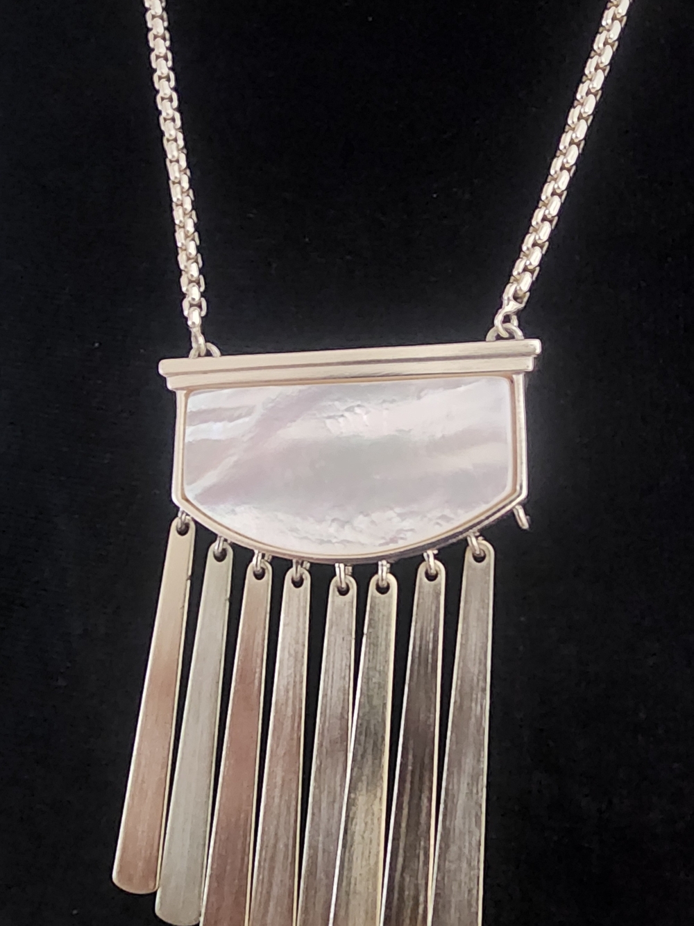 Gold Fringe Pendant Necklace with Mother-of-Pearl Inlay . One Missing Link - Picture 6 of 15